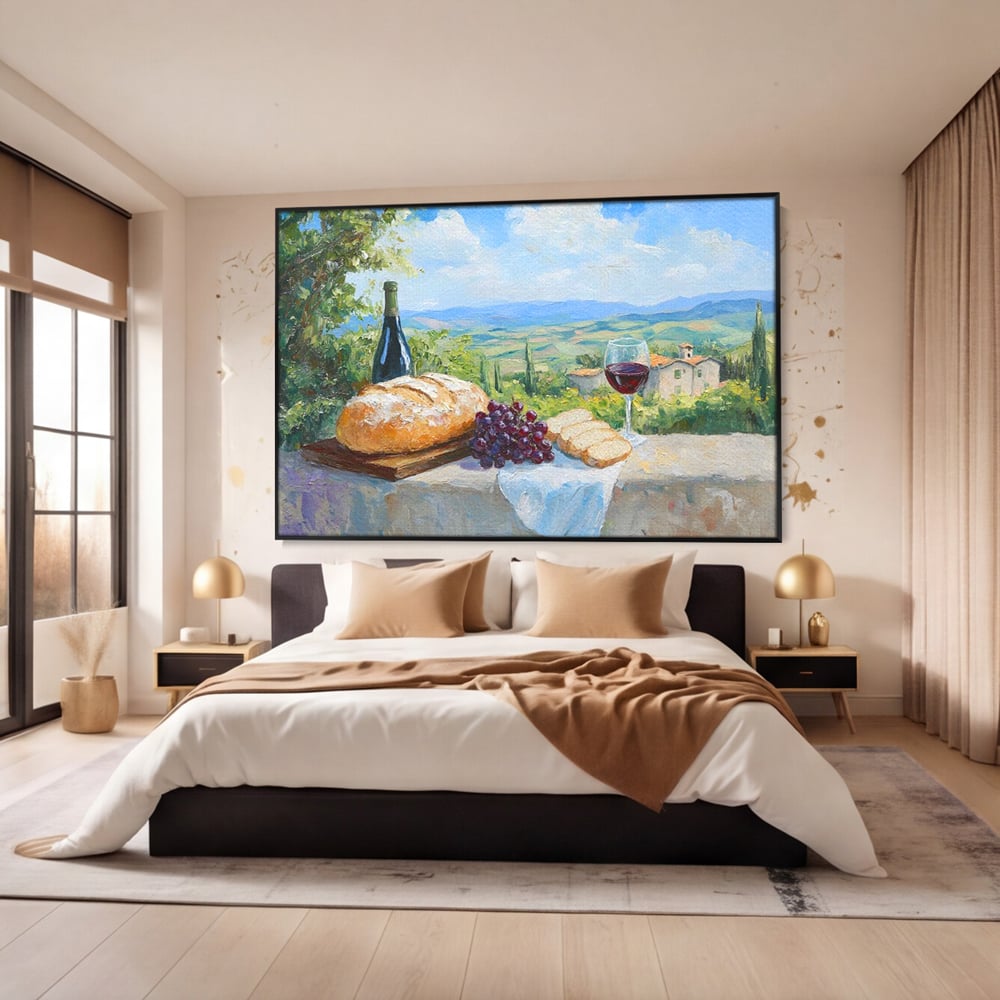 Tablou Canvas Premium, LuxCanva® N1005, Traditie si Gust, Rustic, Struguri, Paine, Vin Rosu, Sticla, Priveliste, Natura, Traditional, Mancare, Restaurant, Bucatarie