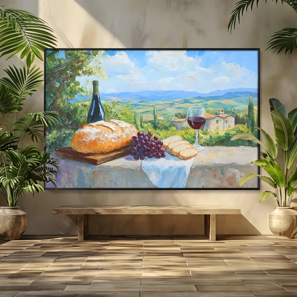 Tablou Canvas Premium, LuxCanva® N1005, Traditie si Gust, Rustic, Struguri, Paine, Vin Rosu, Sticla, Priveliste, Natura, Traditional, Mancare, Restaurant, Bucatarie