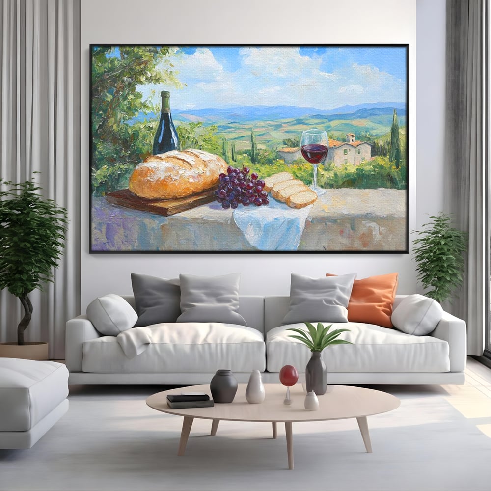 Tablou Canvas Premium, LuxCanva® N1005, Traditie si Gust, Rustic, Struguri, Paine, Vin Rosu, Sticla, Priveliste, Natura, Traditional, Mancare, Restaurant, Bucatarie