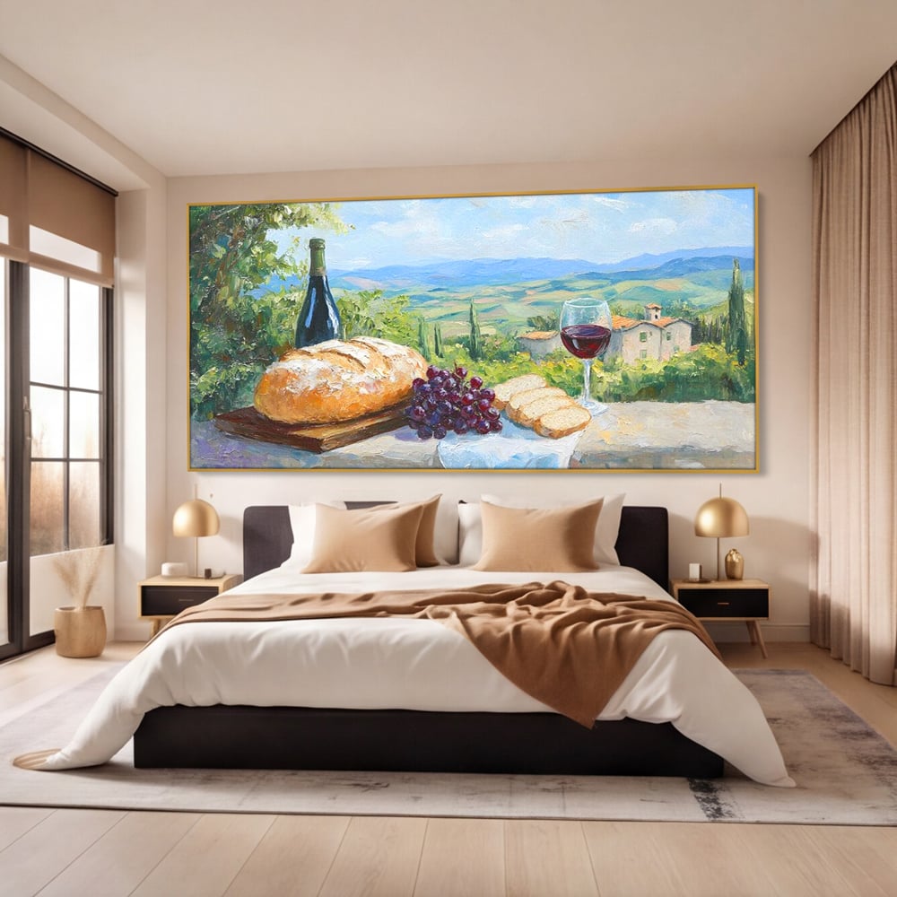 Tablou Canvas Premium, LuxCanva® N1005, Traditie si Gust, Rustic, Struguri, Paine, Vin Rosu, Sticla, Priveliste, Natura, Traditional, Mancare, Restaurant, Bucatarie
