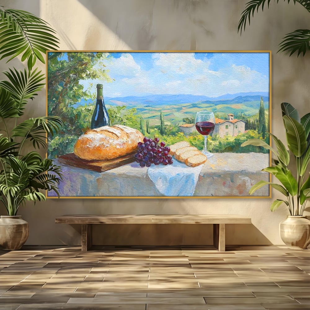 Tablou Canvas Premium, LuxCanva® N1005, Traditie si Gust, Rustic, Struguri, Paine, Vin Rosu, Sticla, Priveliste, Natura, Traditional, Mancare, Restaurant, Bucatarie