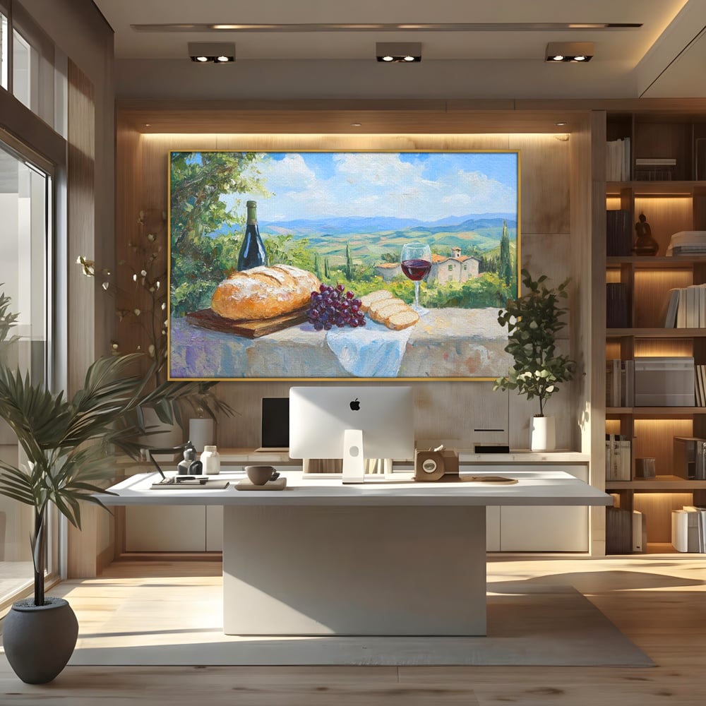 Tablou Canvas Premium, LuxCanva® N1005, Traditie si Gust, Rustic, Struguri, Paine, Vin Rosu, Sticla, Priveliste, Natura, Traditional, Mancare, Restaurant, Bucatarie