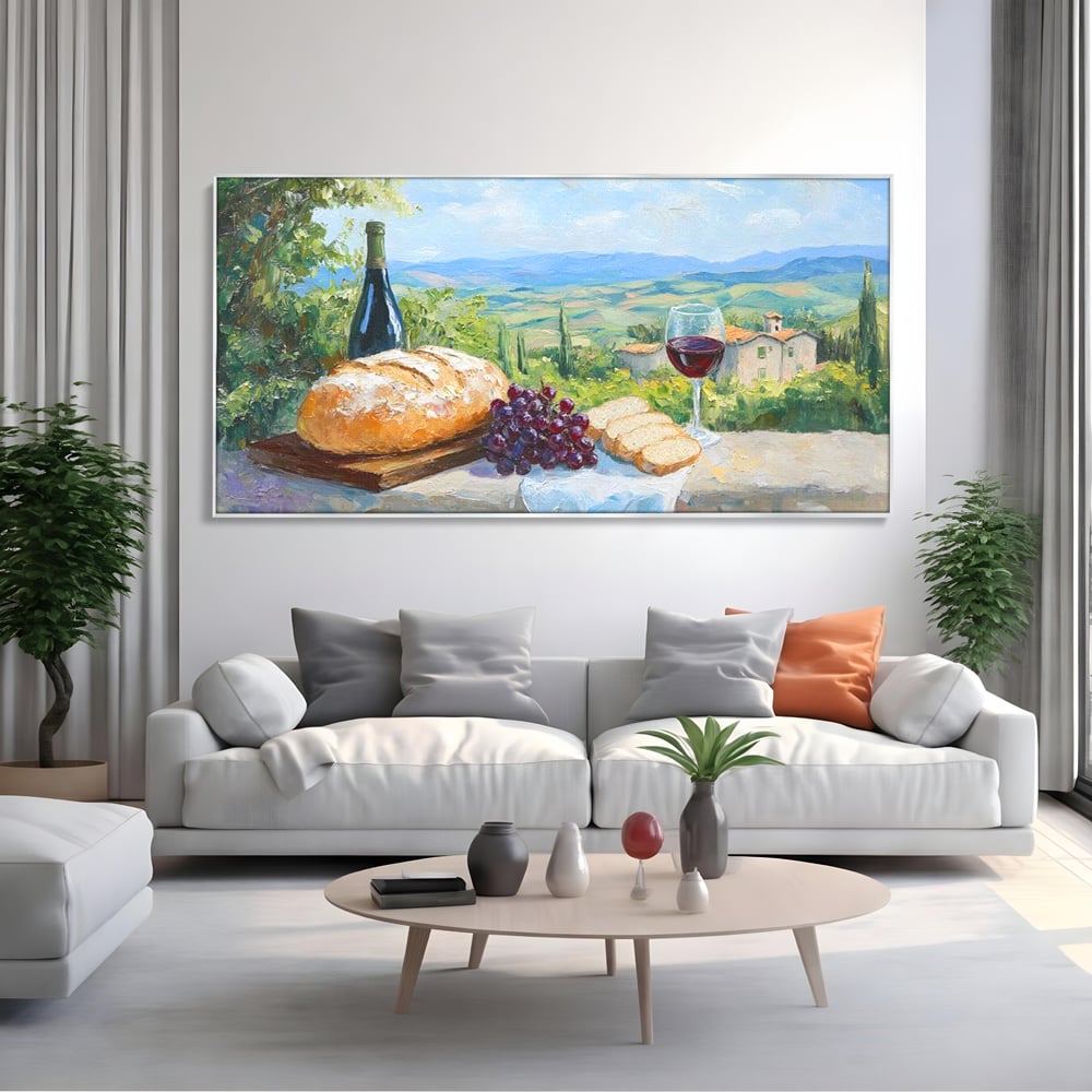 Tablou Canvas Premium, LuxCanva® N1005, Traditie si Gust, Rustic, Struguri, Paine, Vin Rosu, Sticla, Priveliste, Natura, Traditional, Mancare, Restaurant, Bucatarie