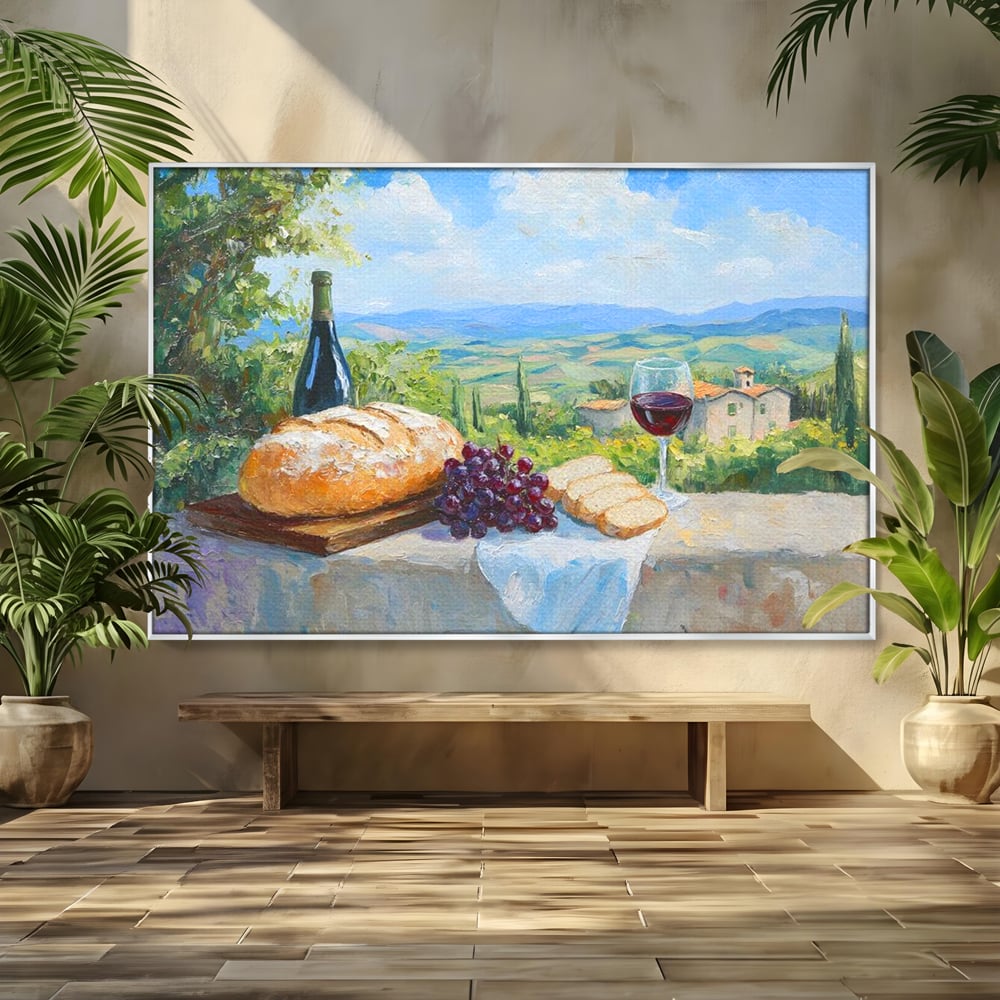 Tablou Canvas Premium, LuxCanva® N1005, Traditie si Gust, Rustic, Struguri, Paine, Vin Rosu, Sticla, Priveliste, Natura, Traditional, Mancare, Restaurant, Bucatarie