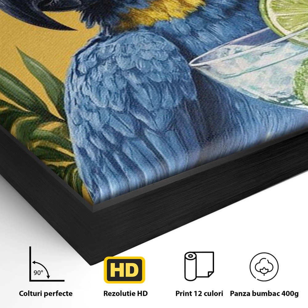 Tablou Canvas Premium, LuxCanva® N1006, Aroma Tropicelor, Cocktail, Mojito, Party, Pahar, Papagal, Sombrero, Tropical, Lime, Bar, Vacanta, Restaurant, Bucatarie
