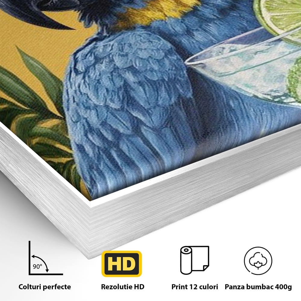 Tablou Canvas Premium, LuxCanva® N1006, Aroma Tropicelor, Cocktail, Mojito, Party, Pahar, Papagal, Sombrero, Tropical, Lime, Bar, Vacanta, Restaurant, Bucatarie