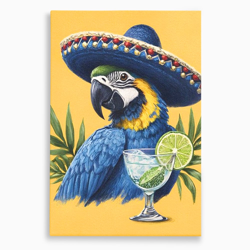 Tablou Canvas Premium, LuxCanva® N1006, Aroma Tropicelor, Cocktail, Mojito, Party, Pahar, Papagal, Sombrero, Tropical, Lime, Bar, Vacanta, Restaurant, Bucatarie