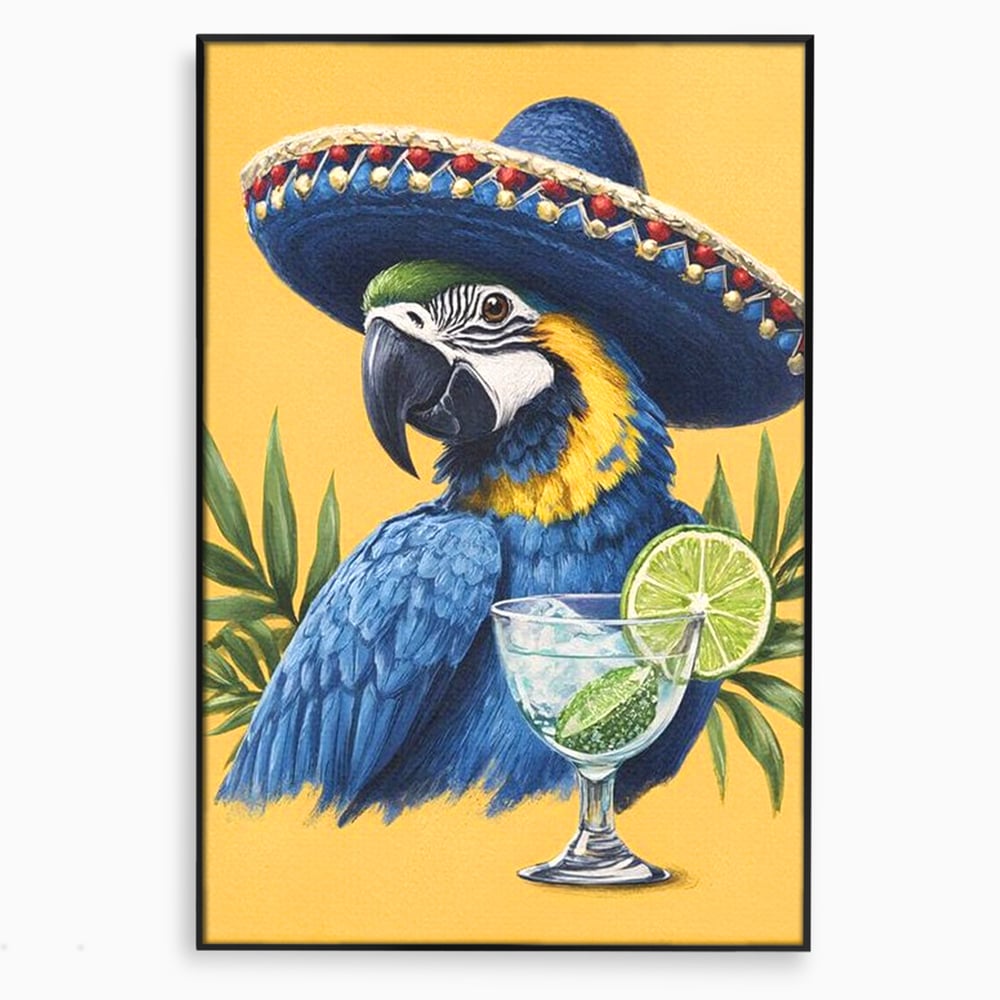 Tablou Canvas Premium, LuxCanva® N1006, Aroma Tropicelor, Cocktail, Mojito, Party, Pahar, Papagal, Sombrero, Tropical, Lime, Bar, Vacanta, Restaurant, Bucatarie