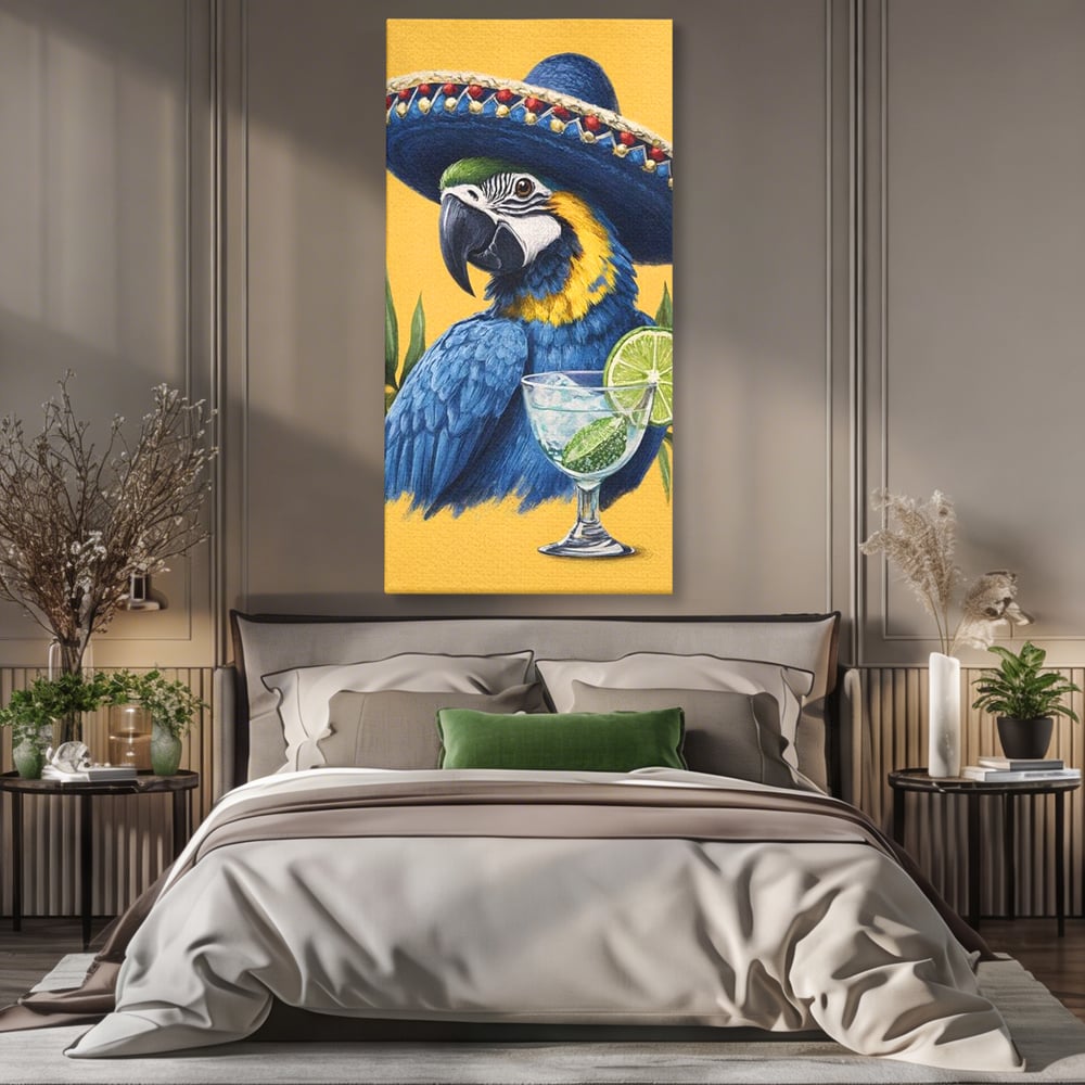 Tablou Canvas Premium, LuxCanva® N1006, Aroma Tropicelor, Cocktail, Mojito, Party, Pahar, Papagal, Sombrero, Tropical, Lime, Bar, Vacanta, Restaurant, Bucatarie