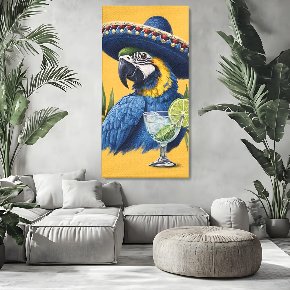 Tablou Canvas Premium, LuxCanva® N1006, Aroma Tropicelor, Cocktail, Mojito, Party, Pahar, Papagal, Sombrero, Tropical, Lime, Bar, Vacanta, Restaurant, Bucatarie