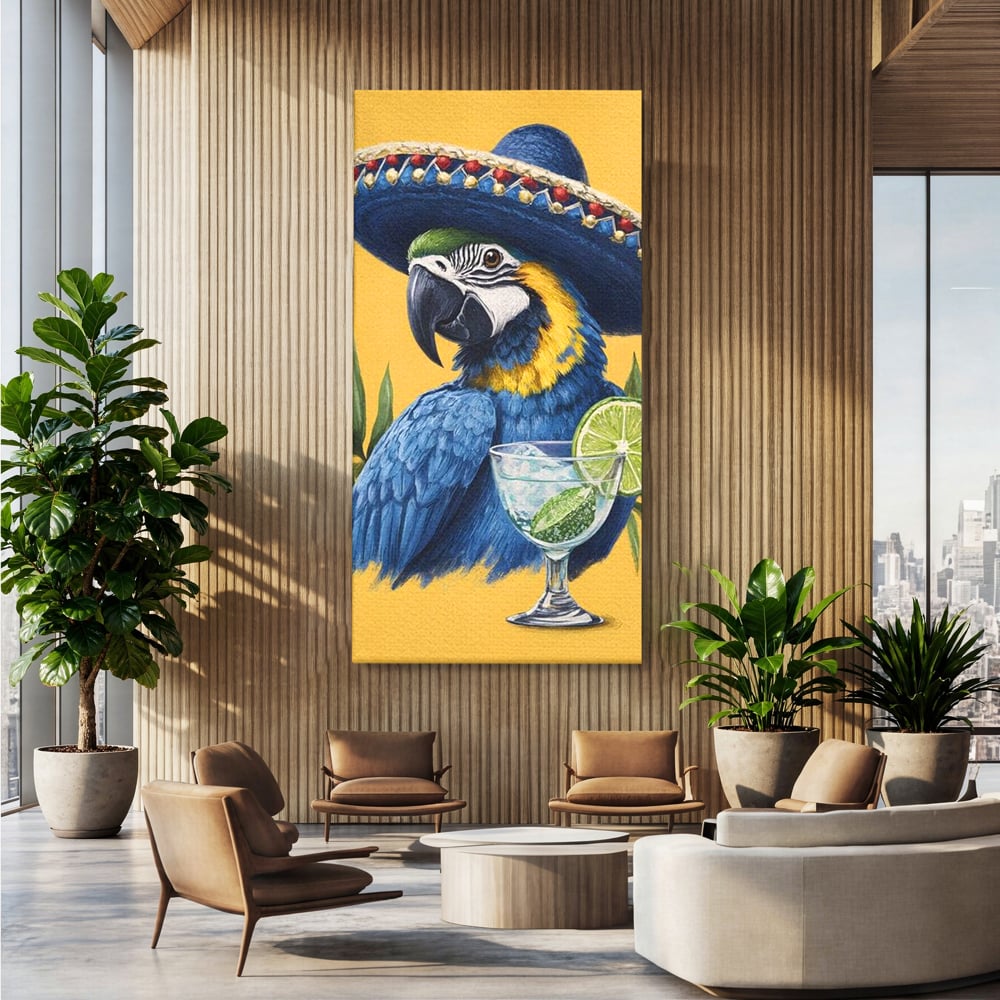 Tablou Canvas Premium, LuxCanva® N1006, Aroma Tropicelor, Cocktail, Mojito, Party, Pahar, Papagal, Sombrero, Tropical, Lime, Bar, Vacanta, Restaurant, Bucatarie