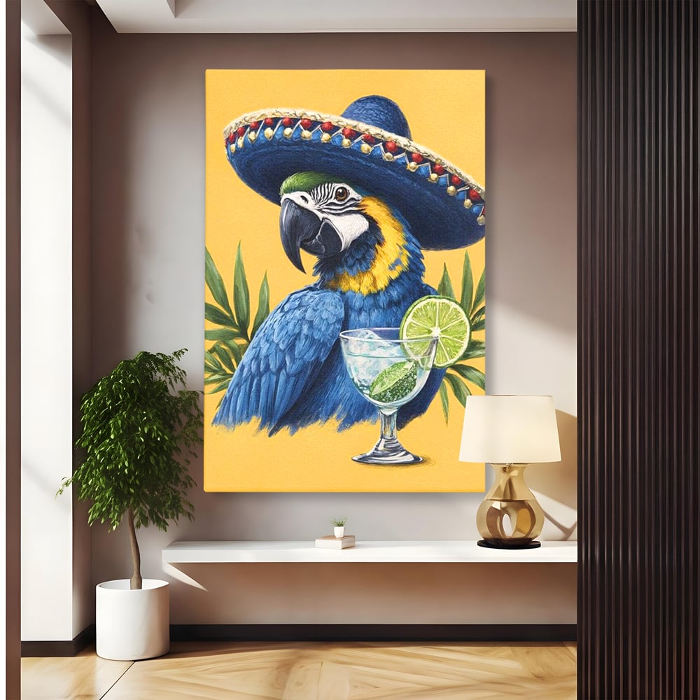 Tablou Canvas Premium, LuxCanva® N1006, Aroma Tropicelor, Cocktail, Mojito, Party, Pahar, Papagal, Sombrero, Tropical, Lime, Bar, Vacanta, Restaurant, Bucatarie