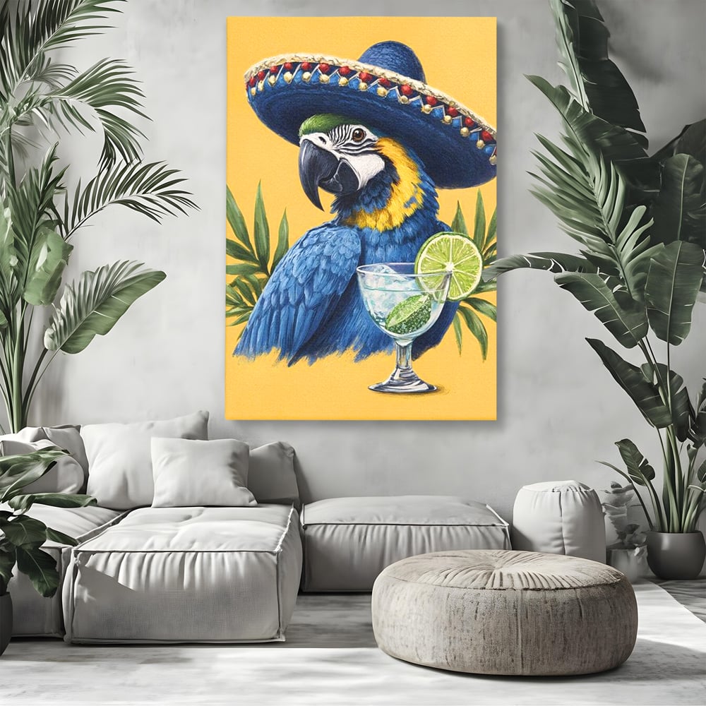 Tablou Canvas Premium, LuxCanva® N1006, Aroma Tropicelor, Cocktail, Mojito, Party, Pahar, Papagal, Sombrero, Tropical, Lime, Bar, Vacanta, Restaurant, Bucatarie