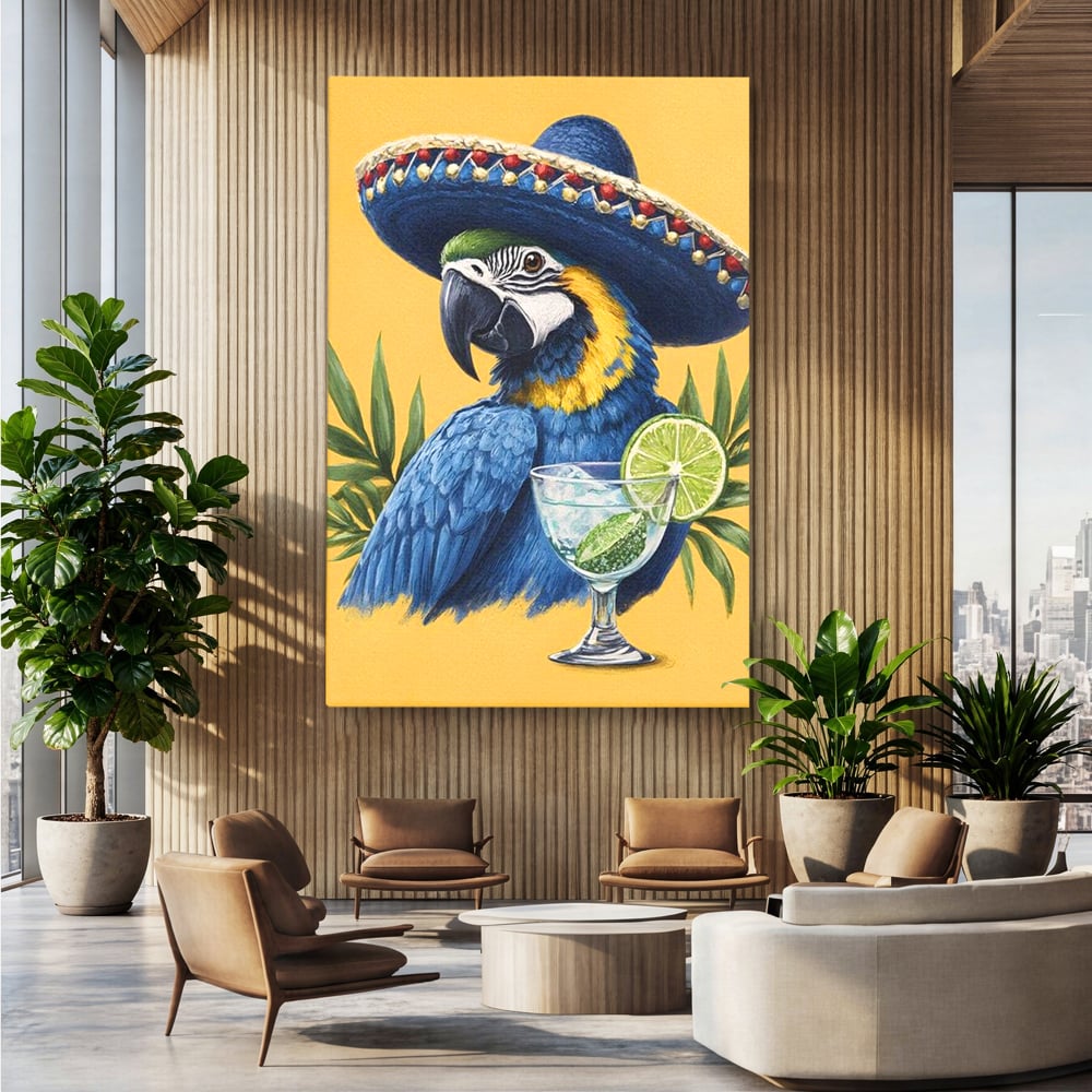 Tablou Canvas Premium, LuxCanva® N1006, Aroma Tropicelor, Cocktail, Mojito, Party, Pahar, Papagal, Sombrero, Tropical, Lime, Bar, Vacanta, Restaurant, Bucatarie