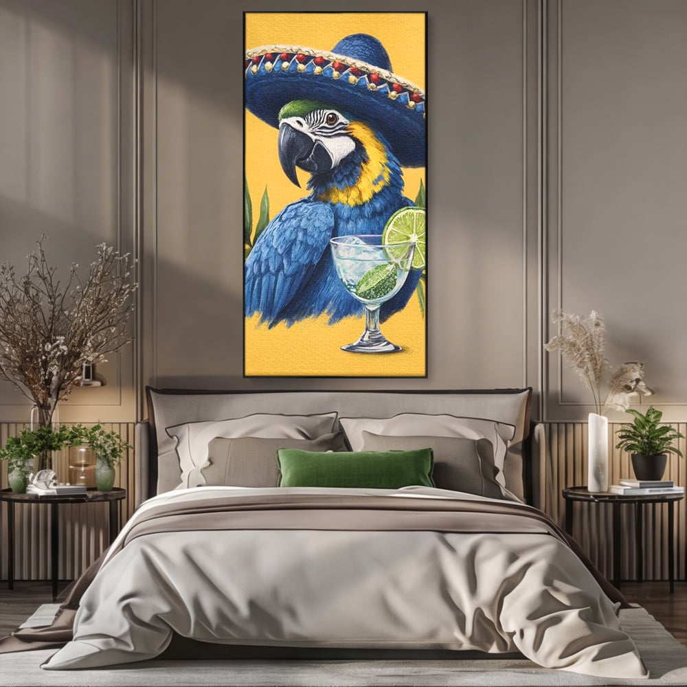 Tablou Canvas Premium, LuxCanva® N1006, Aroma Tropicelor, Cocktail, Mojito, Party, Pahar, Papagal, Sombrero, Tropical, Lime, Bar, Vacanta, Restaurant, Bucatarie