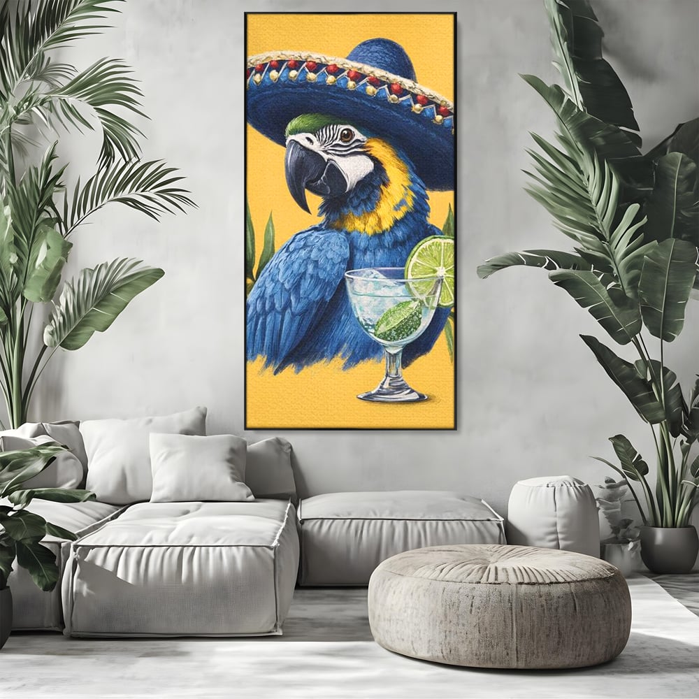 Tablou Canvas Premium, LuxCanva® N1006, Aroma Tropicelor, Cocktail, Mojito, Party, Pahar, Papagal, Sombrero, Tropical, Lime, Bar, Vacanta, Restaurant, Bucatarie
