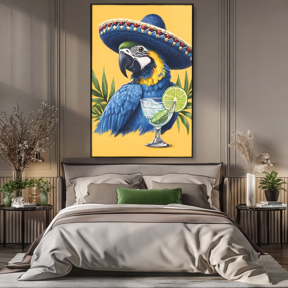 Tablou Canvas Premium, LuxCanva® N1006, Aroma Tropicelor, Cocktail, Mojito, Party, Pahar, Papagal, Sombrero, Tropical, Lime, Bar, Vacanta, Restaurant, Bucatarie