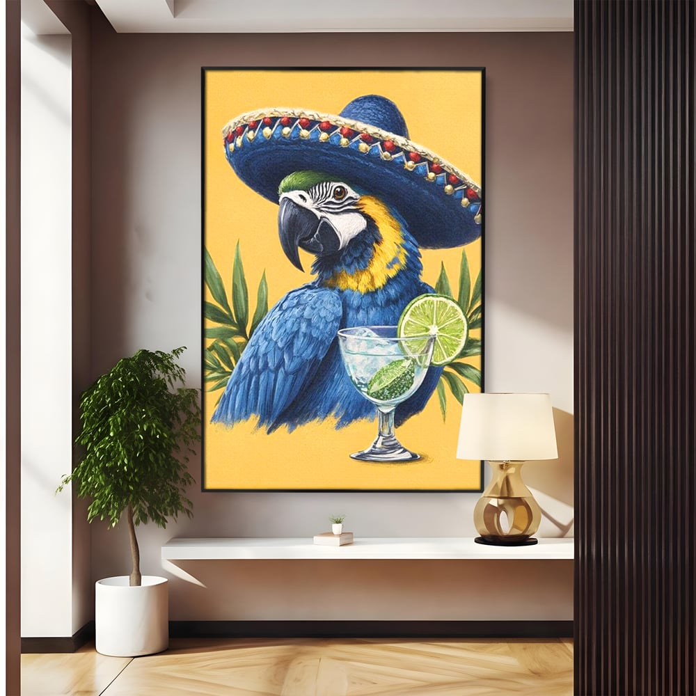 Tablou Canvas Premium, LuxCanva® N1006, Aroma Tropicelor, Cocktail, Mojito, Party, Pahar, Papagal, Sombrero, Tropical, Lime, Bar, Vacanta, Restaurant, Bucatarie