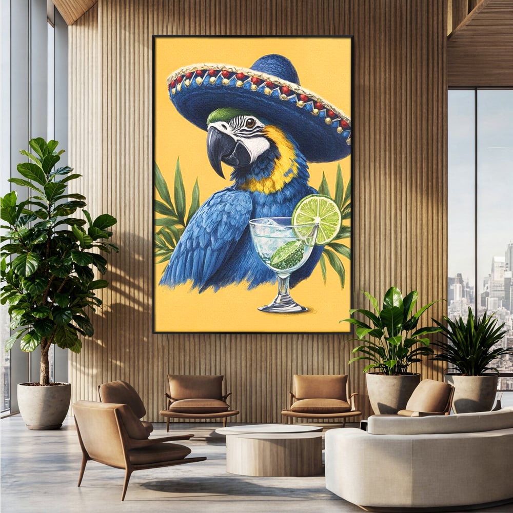 Tablou Canvas Premium, LuxCanva® N1006, Aroma Tropicelor, Cocktail, Mojito, Party, Pahar, Papagal, Sombrero, Tropical, Lime, Bar, Vacanta, Restaurant, Bucatarie
