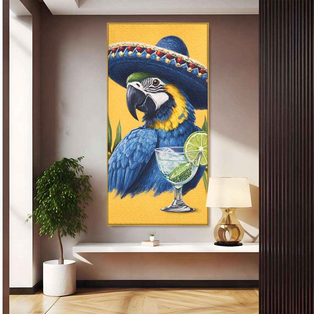 Tablou Canvas Premium, LuxCanva® N1006, Aroma Tropicelor, Cocktail, Mojito, Party, Pahar, Papagal, Sombrero, Tropical, Lime, Bar, Vacanta, Restaurant, Bucatarie