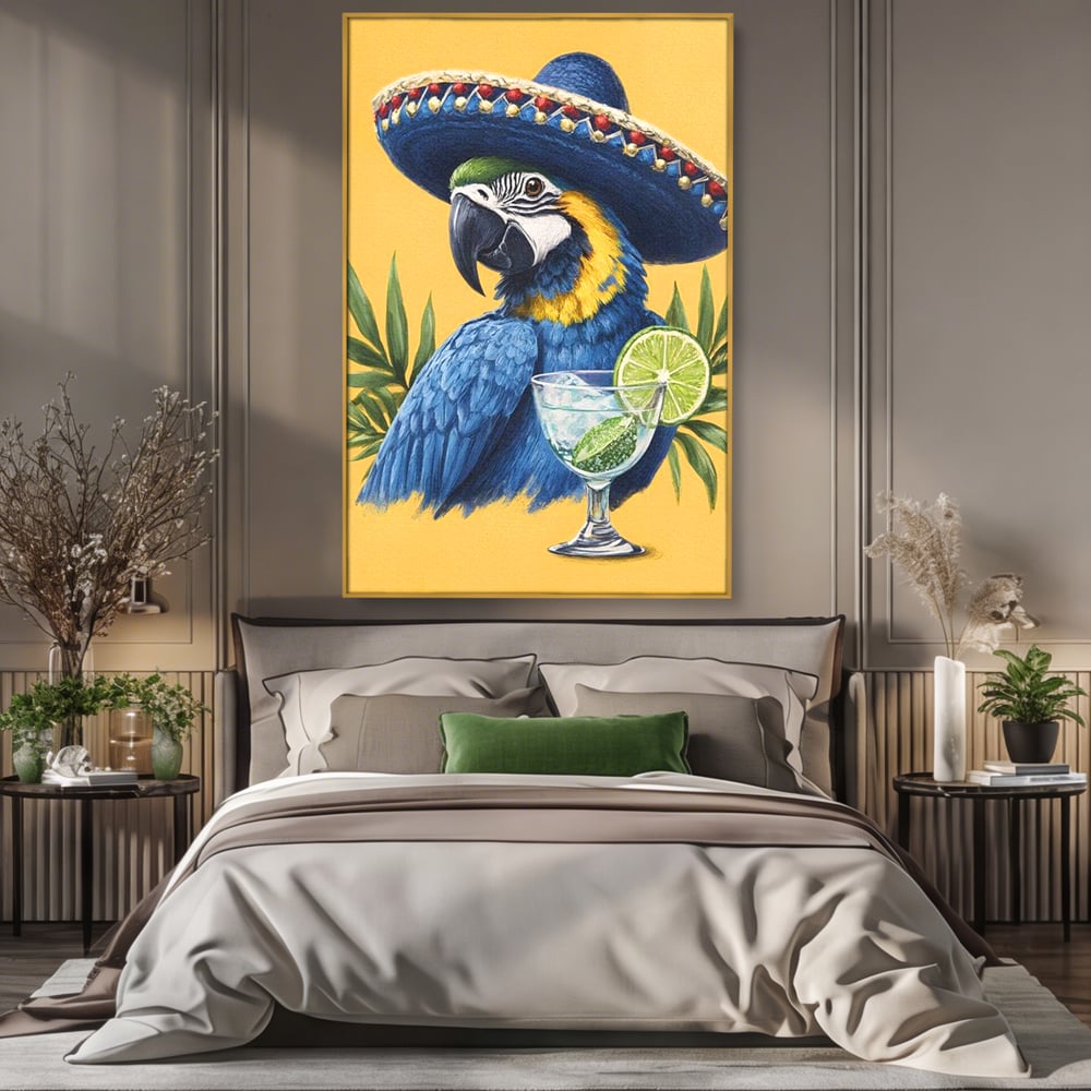 Tablou Canvas Premium, LuxCanva® N1006, Aroma Tropicelor, Cocktail, Mojito, Party, Pahar, Papagal, Sombrero, Tropical, Lime, Bar, Vacanta, Restaurant, Bucatarie