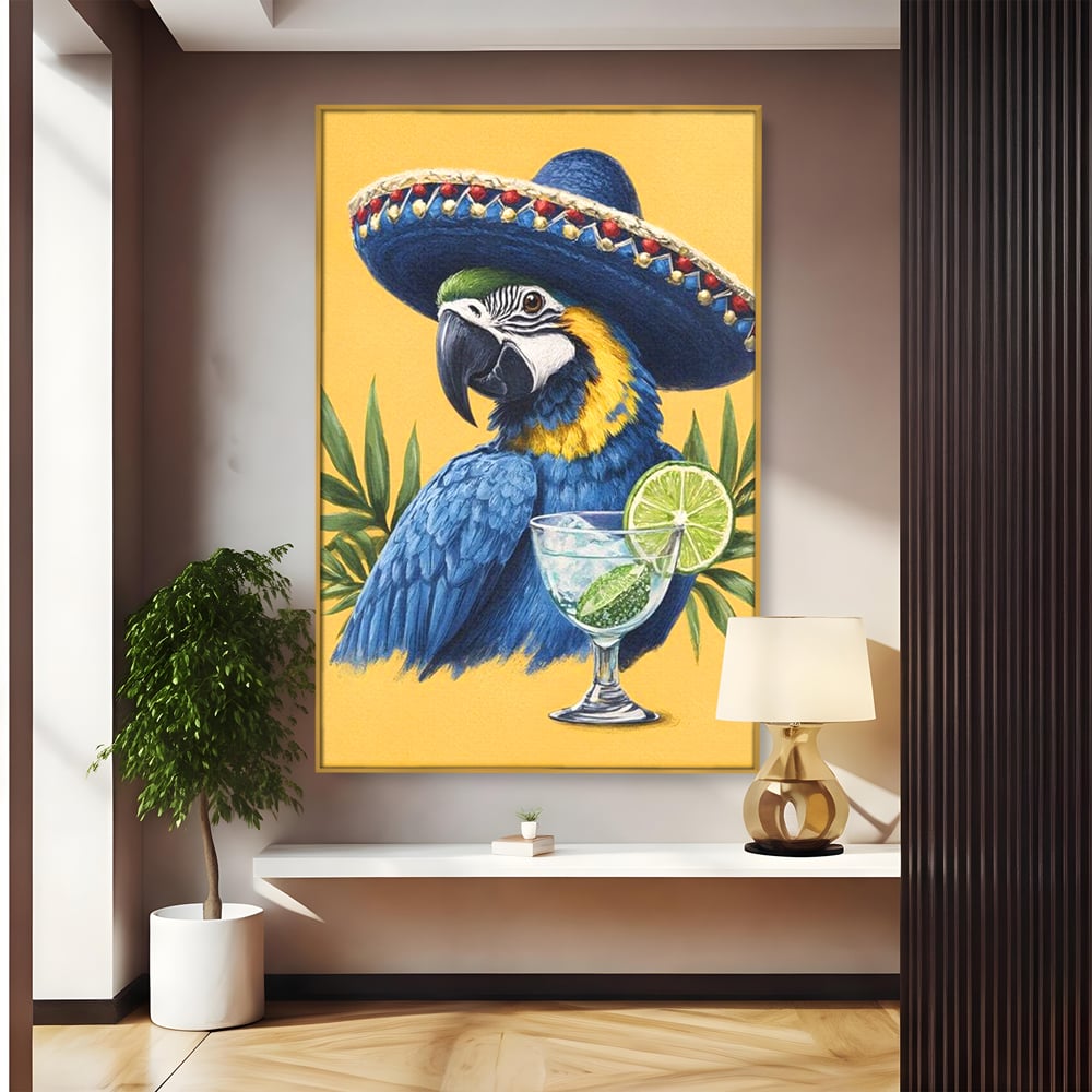 Tablou Canvas Premium, LuxCanva® N1006, Aroma Tropicelor, Cocktail, Mojito, Party, Pahar, Papagal, Sombrero, Tropical, Lime, Bar, Vacanta, Restaurant, Bucatarie