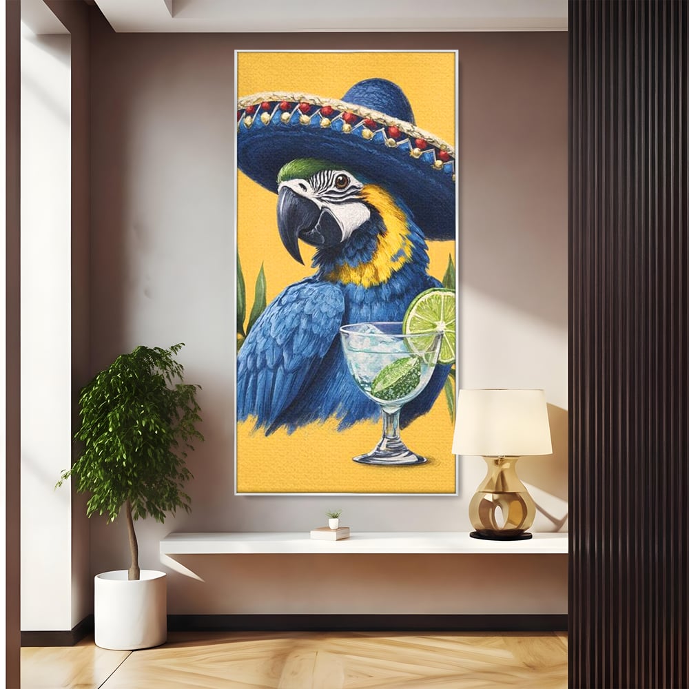 Tablou Canvas Premium, LuxCanva® N1006, Aroma Tropicelor, Cocktail, Mojito, Party, Pahar, Papagal, Sombrero, Tropical, Lime, Bar, Vacanta, Restaurant, Bucatarie