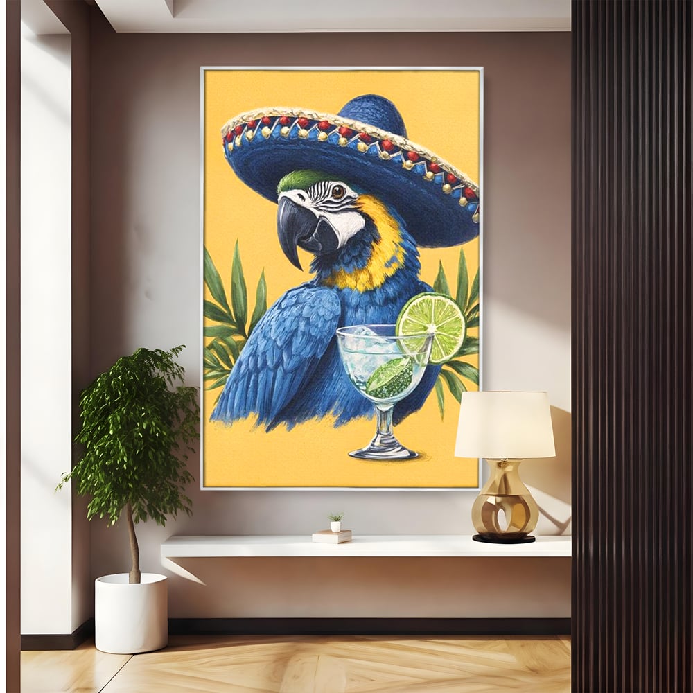 Tablou Canvas Premium, LuxCanva® N1006, Aroma Tropicelor, Cocktail, Mojito, Party, Pahar, Papagal, Sombrero, Tropical, Lime, Bar, Vacanta, Restaurant, Bucatarie