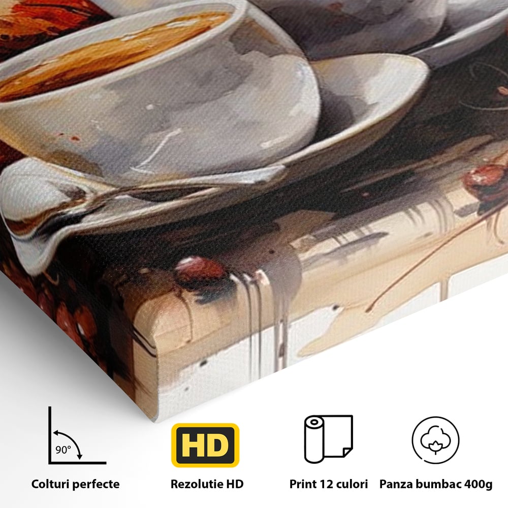 Tablou Canvas Premium, LuxCanva® N1007, Poveste la Cafea, Cesti, Lingurita, Toamna, Frunze, Dimineata, Cappuccino, Savoare, Bar, Cafenea, Restaurant, Bucatarie