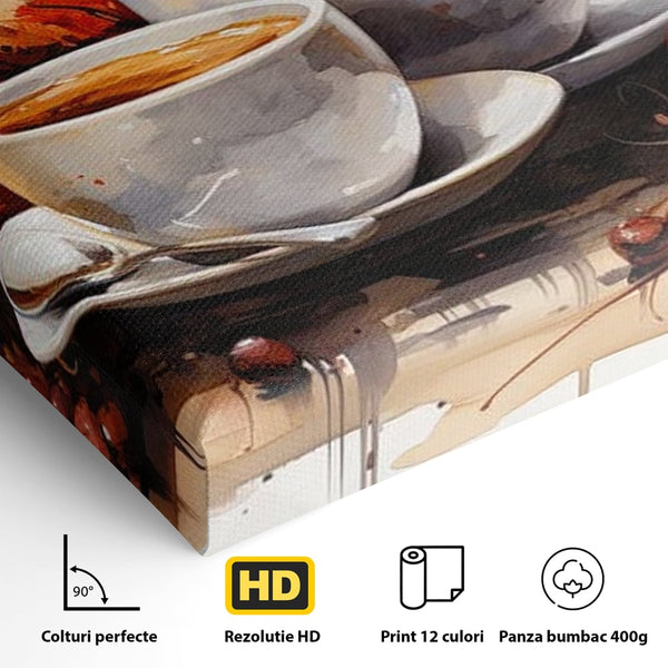 Tablou Canvas Premium, LuxCanva® N1007, Poveste la Cafea, Cesti, Lingurita, Toamna, Frunze, Dimineata, Cappuccino, Savoare, Bar, Cafenea, Restaurant, Bucatarie