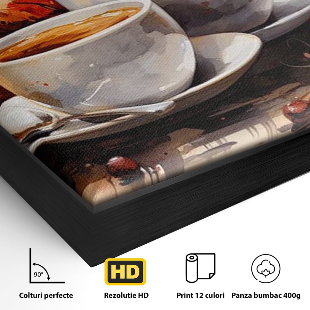 Tablou Canvas Premium, LuxCanva® N1007, Poveste la Cafea, Cesti, Lingurita, Toamna, Frunze, Dimineata, Cappuccino, Savoare, Bar, Cafenea, Restaurant, Bucatarie