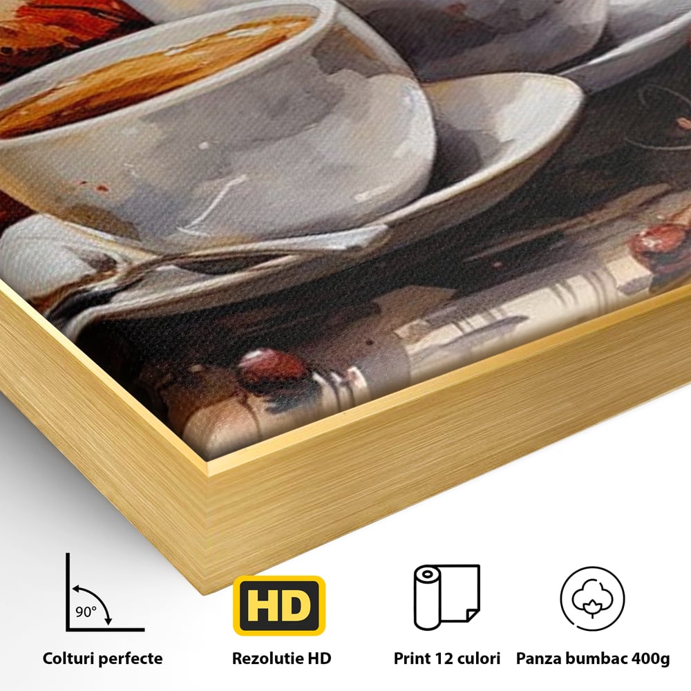Tablou Canvas Premium, LuxCanva® N1007, Poveste la Cafea, Cesti, Lingurita, Toamna, Frunze, Dimineata, Cappuccino, Savoare, Bar, Cafenea, Restaurant, Bucatarie