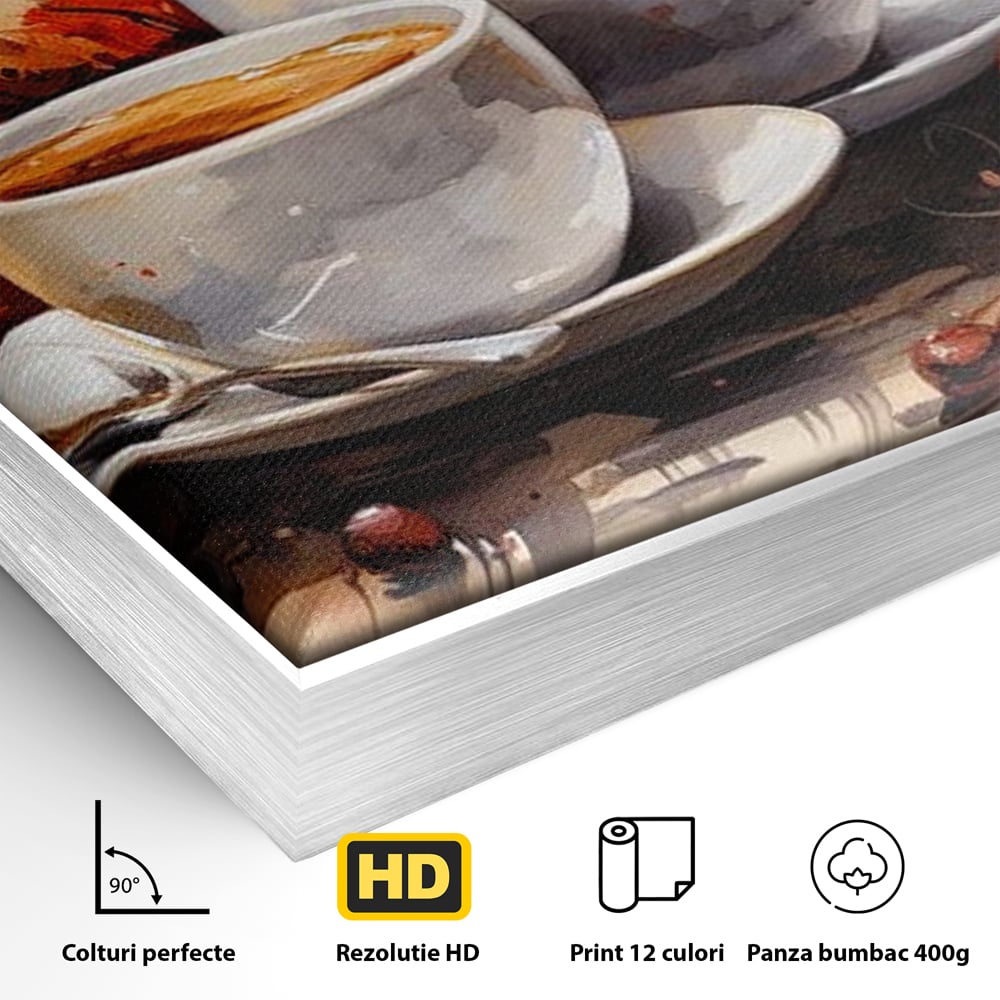 Tablou Canvas Premium, LuxCanva® N1007, Poveste la Cafea, Cesti, Lingurita, Toamna, Frunze, Dimineata, Cappuccino, Savoare, Bar, Cafenea, Restaurant, Bucatarie