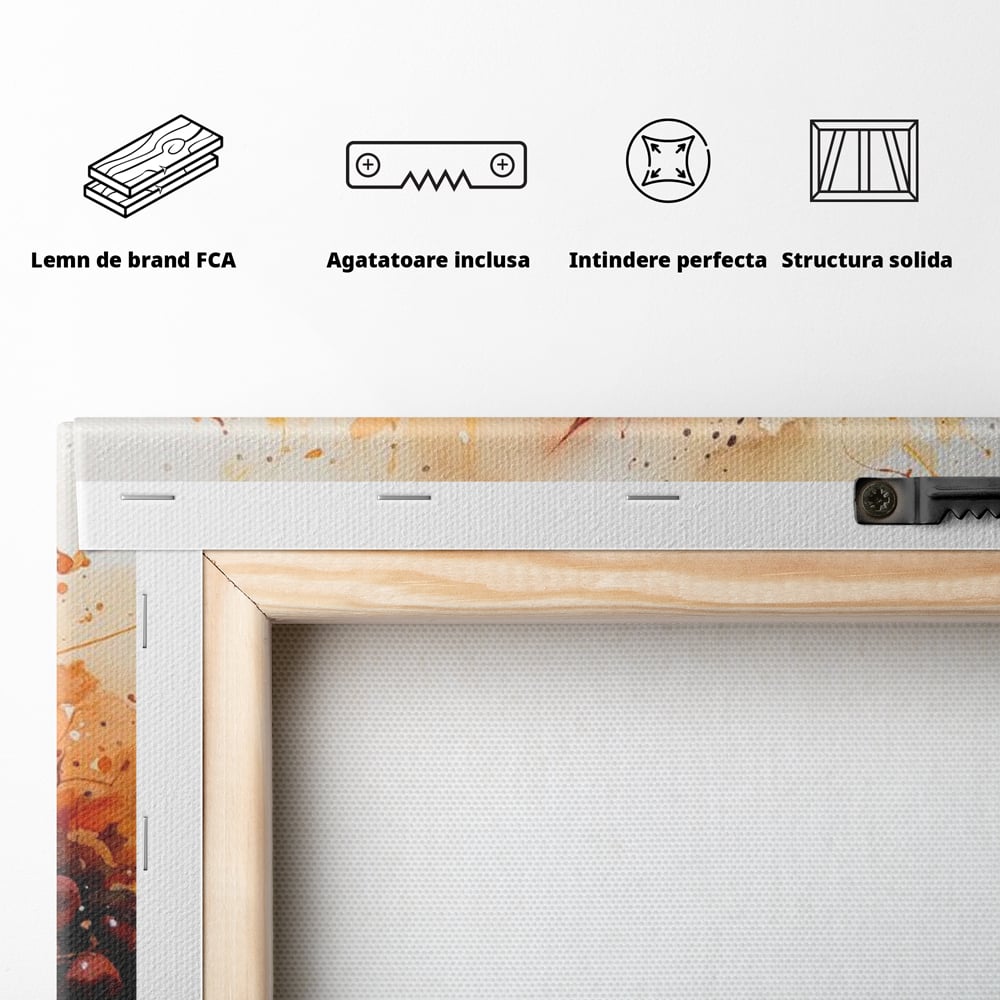 Tablou Canvas Premium, LuxCanva® N1007, Poveste la Cafea, Cesti, Lingurita, Toamna, Frunze, Dimineata, Cappuccino, Savoare, Bar, Cafenea, Restaurant, Bucatarie