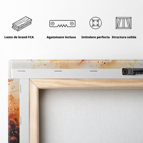 Tablou Canvas Premium, LuxCanva® N1007, Poveste la Cafea, Cesti, Lingurita, Toamna, Frunze, Dimineata, Cappuccino, Savoare, Bar, Cafenea, Restaurant, Bucatarie