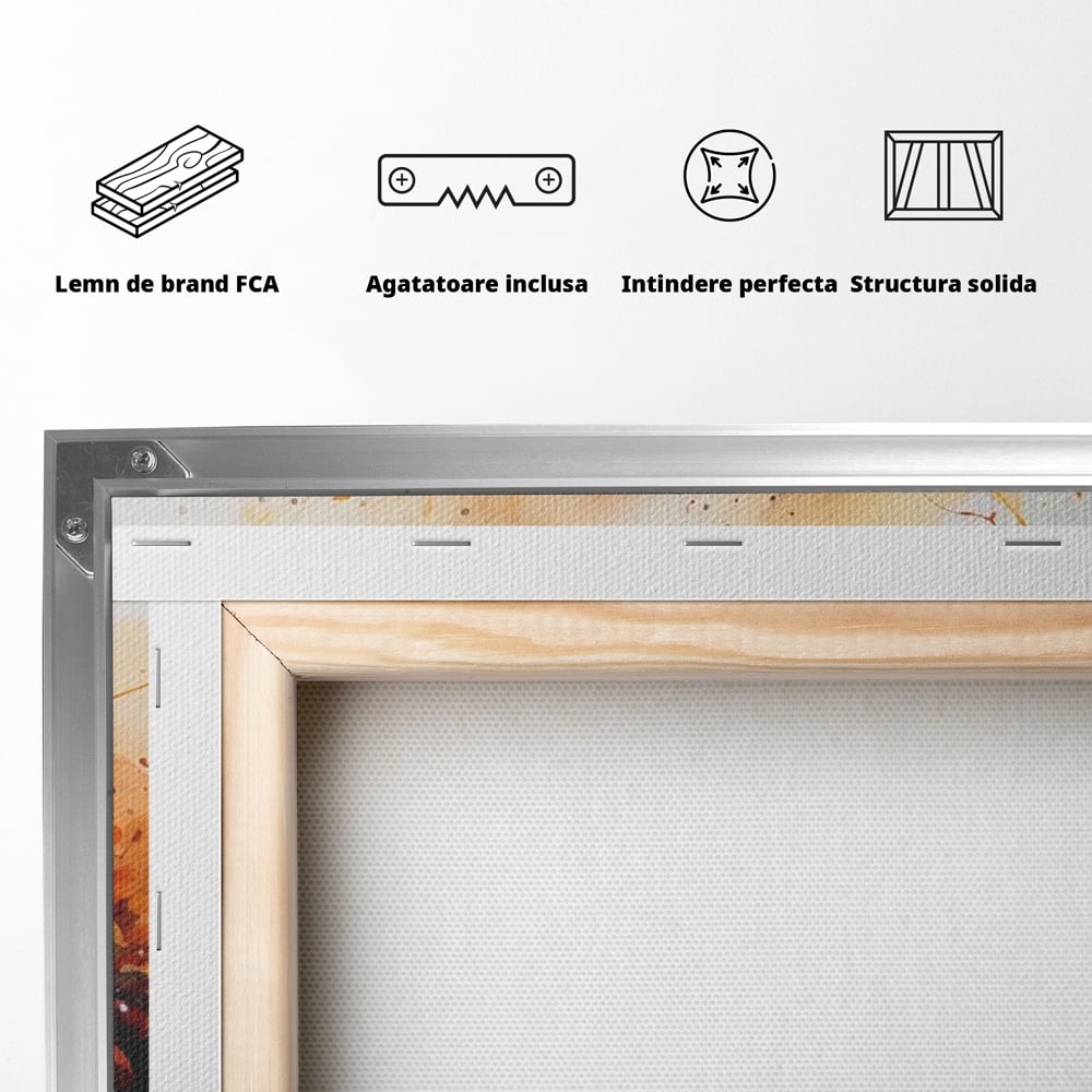 Tablou Canvas Premium, LuxCanva® N1007, Poveste la Cafea, Cesti, Lingurita, Toamna, Frunze, Dimineata, Cappuccino, Savoare, Bar, Cafenea, Restaurant, Bucatarie