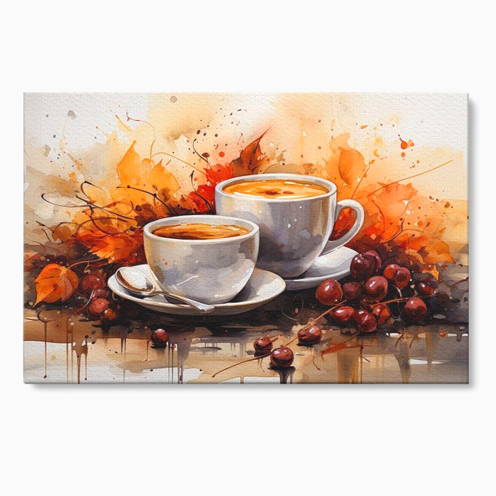 Tablou Canvas Premium, LuxCanva® N1007, Poveste la Cafea, Cesti, Lingurita, Toamna, Frunze, Dimineata, Cappuccino, Savoare, Bar, Cafenea, Restaurant, Bucatarie