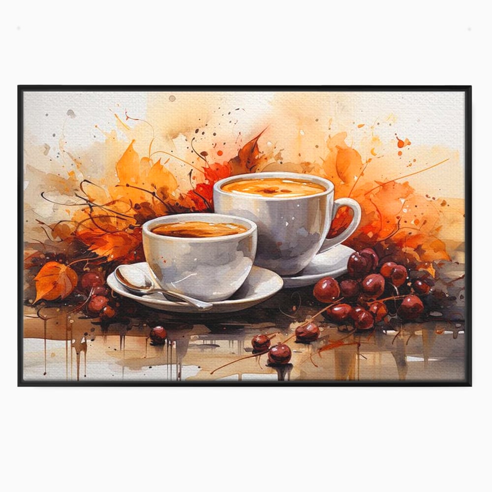 Tablou Canvas Premium, LuxCanva® N1007, Poveste la Cafea, Cesti, Lingurita, Toamna, Frunze, Dimineata, Cappuccino, Savoare, Bar, Cafenea, Restaurant, Bucatarie