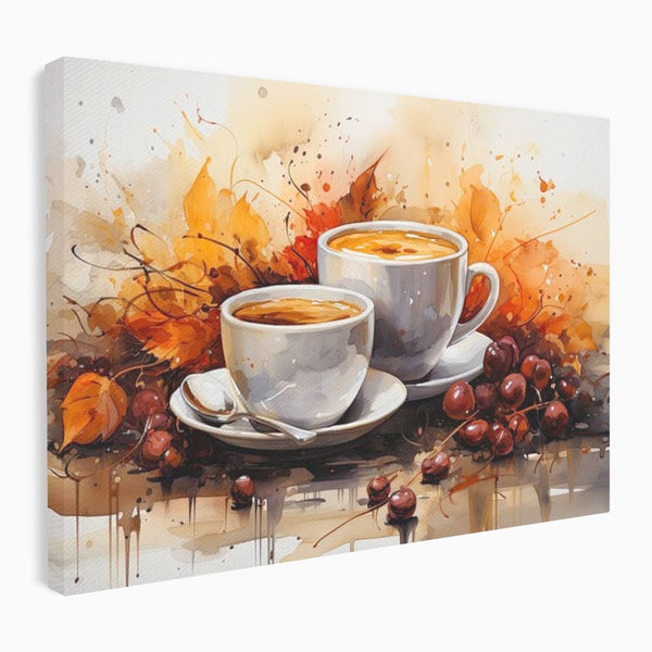 Tablou Canvas Premium, LuxCanva® N1007, Poveste la Cafea, Cesti, Lingurita, Toamna, Frunze, Dimineata, Cappuccino, Savoare, Bar, Cafenea, Restaurant, Bucatarie