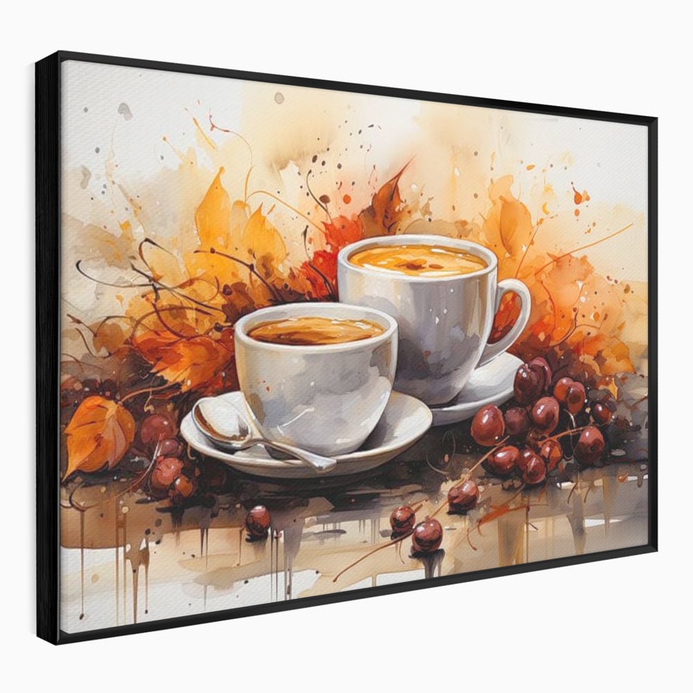 Tablou Canvas Premium, LuxCanva® N1007, Poveste la Cafea, Cesti, Lingurita, Toamna, Frunze, Dimineata, Cappuccino, Savoare, Bar, Cafenea, Restaurant, Bucatarie