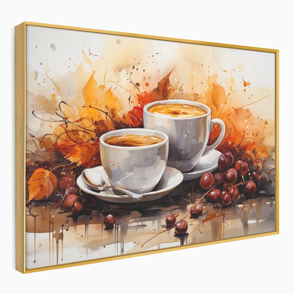 Tablou Canvas Premium, LuxCanva® N1007, Poveste la Cafea, Cesti, Lingurita, Toamna, Frunze, Dimineata, Cappuccino, Savoare, Bar, Cafenea, Restaurant, Bucatarie