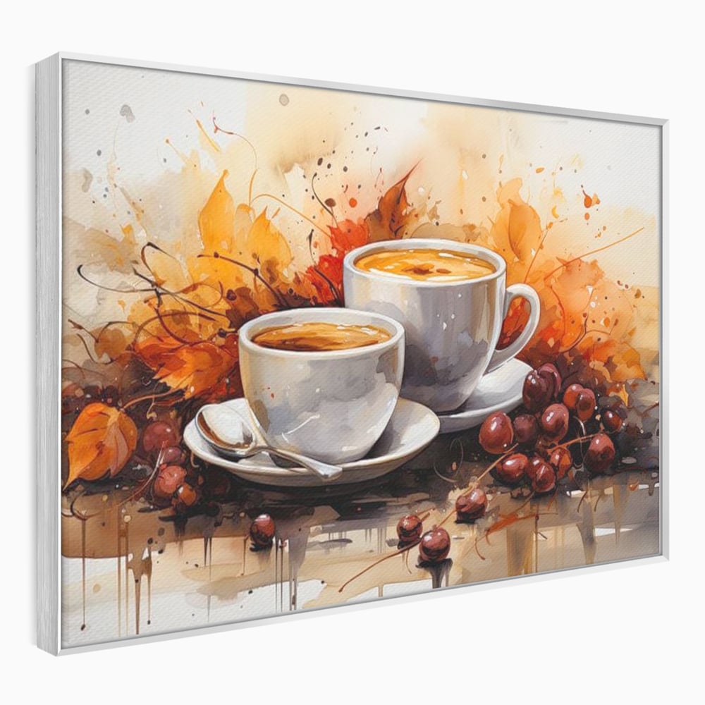 Tablou Canvas Premium, LuxCanva® N1007, Poveste la Cafea, Cesti, Lingurita, Toamna, Frunze, Dimineata, Cappuccino, Savoare, Bar, Cafenea, Restaurant, Bucatarie