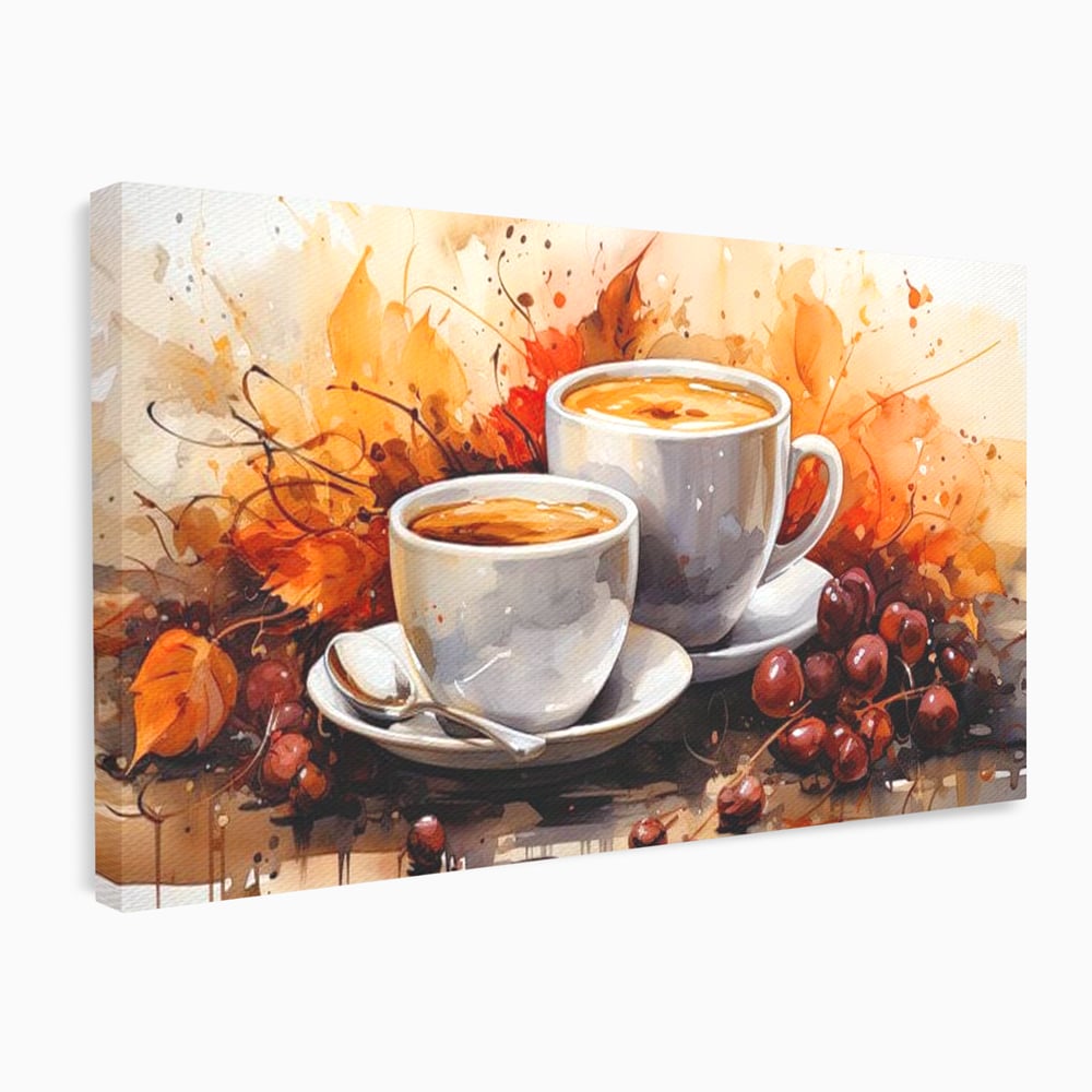Tablou Canvas Premium, LuxCanva® N1007, Poveste la Cafea, Cesti, Lingurita, Toamna, Frunze, Dimineata, Cappuccino, Savoare, Bar, Cafenea, Restaurant, Bucatarie