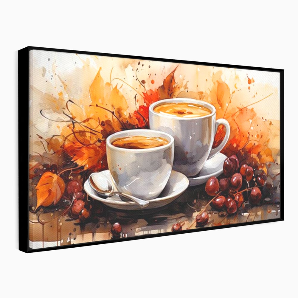 Tablou Canvas Premium, LuxCanva® N1007, Poveste la Cafea, Cesti, Lingurita, Toamna, Frunze, Dimineata, Cappuccino, Savoare, Bar, Cafenea, Restaurant, Bucatarie