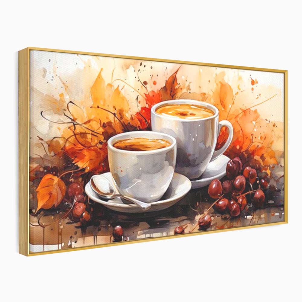Tablou Canvas Premium, LuxCanva® N1007, Poveste la Cafea, Cesti, Lingurita, Toamna, Frunze, Dimineata, Cappuccino, Savoare, Bar, Cafenea, Restaurant, Bucatarie