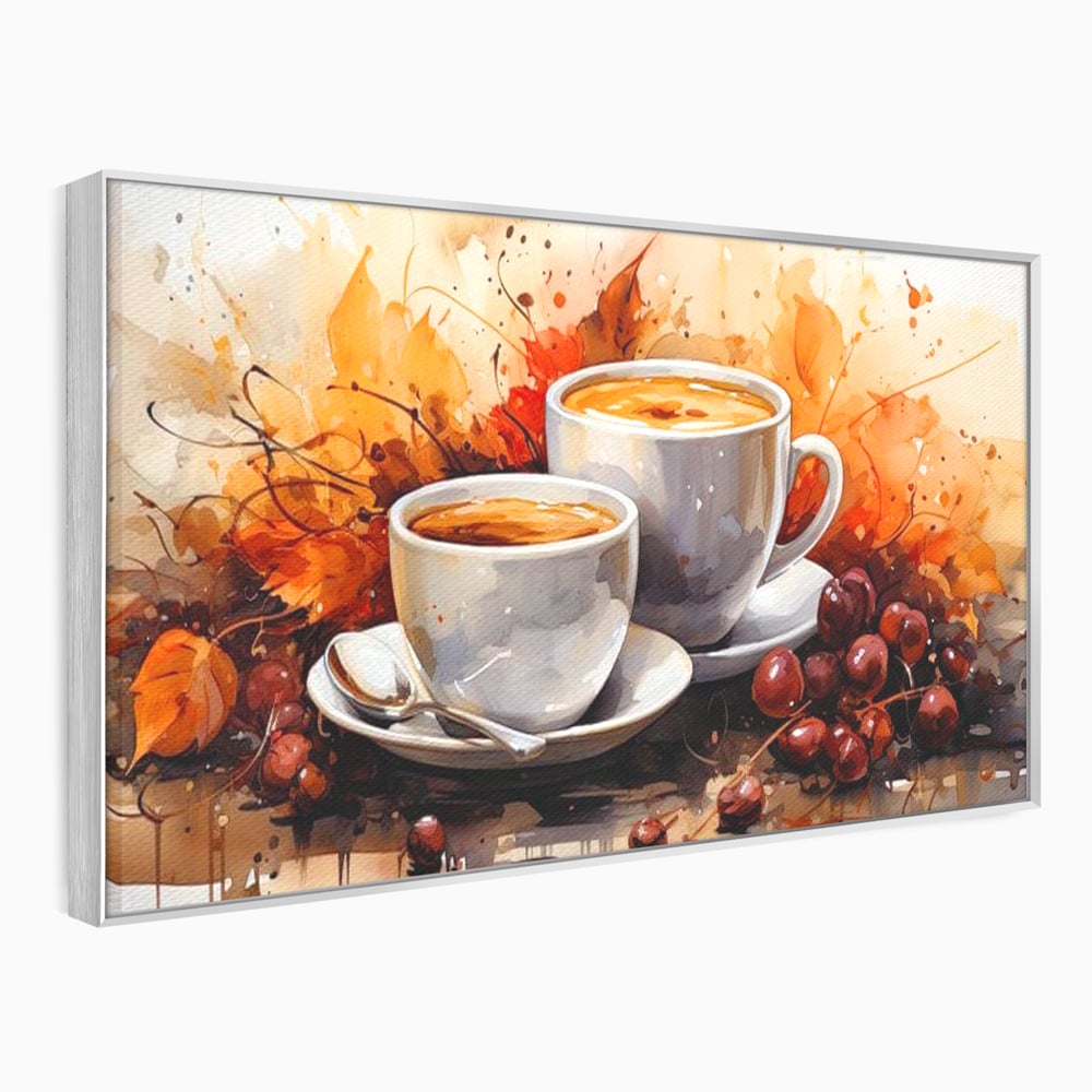 Tablou Canvas Premium, LuxCanva® N1007, Poveste la Cafea, Cesti, Lingurita, Toamna, Frunze, Dimineata, Cappuccino, Savoare, Bar, Cafenea, Restaurant, Bucatarie