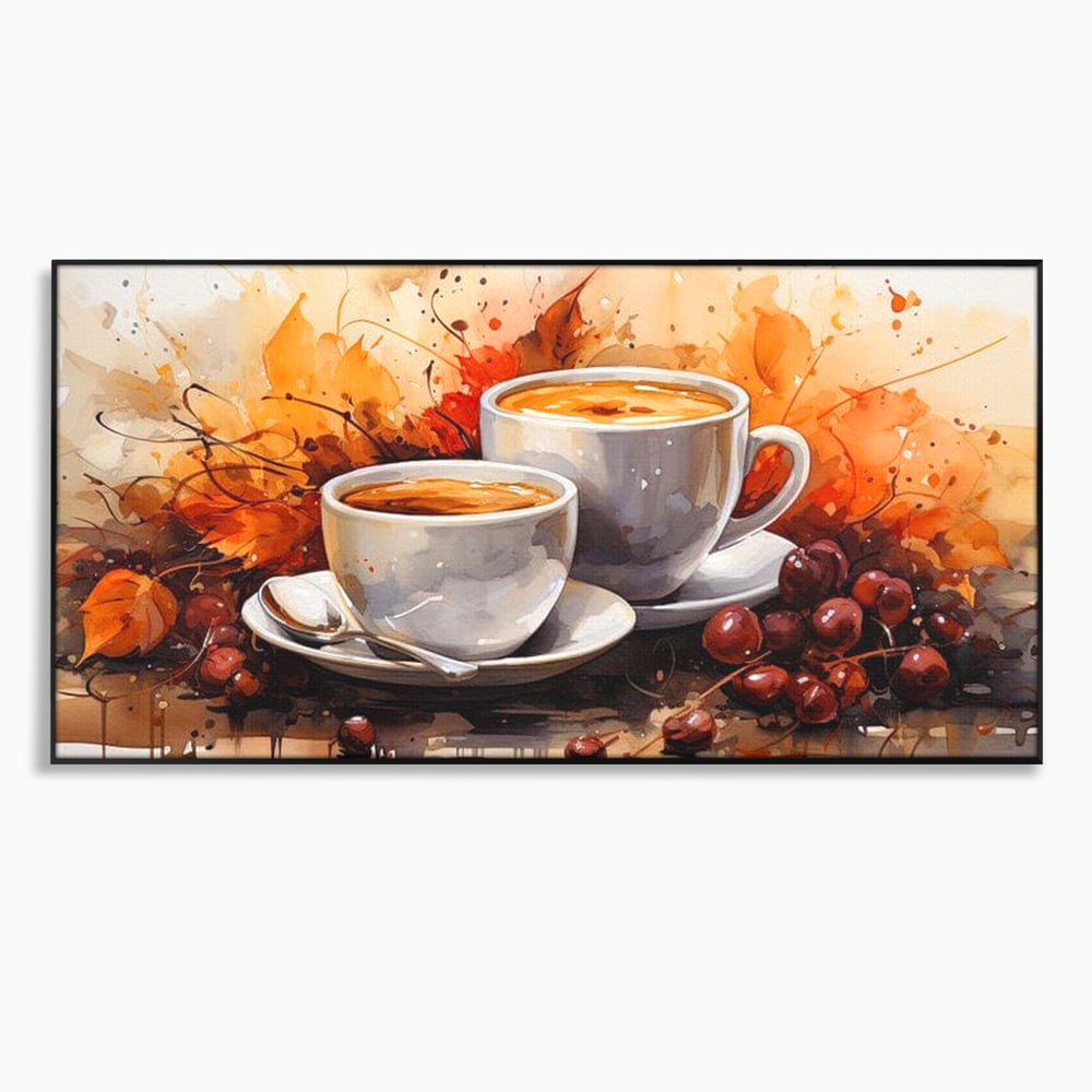 Tablou Canvas Premium, LuxCanva® N1007, Poveste la Cafea, Cesti, Lingurita, Toamna, Frunze, Dimineata, Cappuccino, Savoare, Bar, Cafenea, Restaurant, Bucatarie