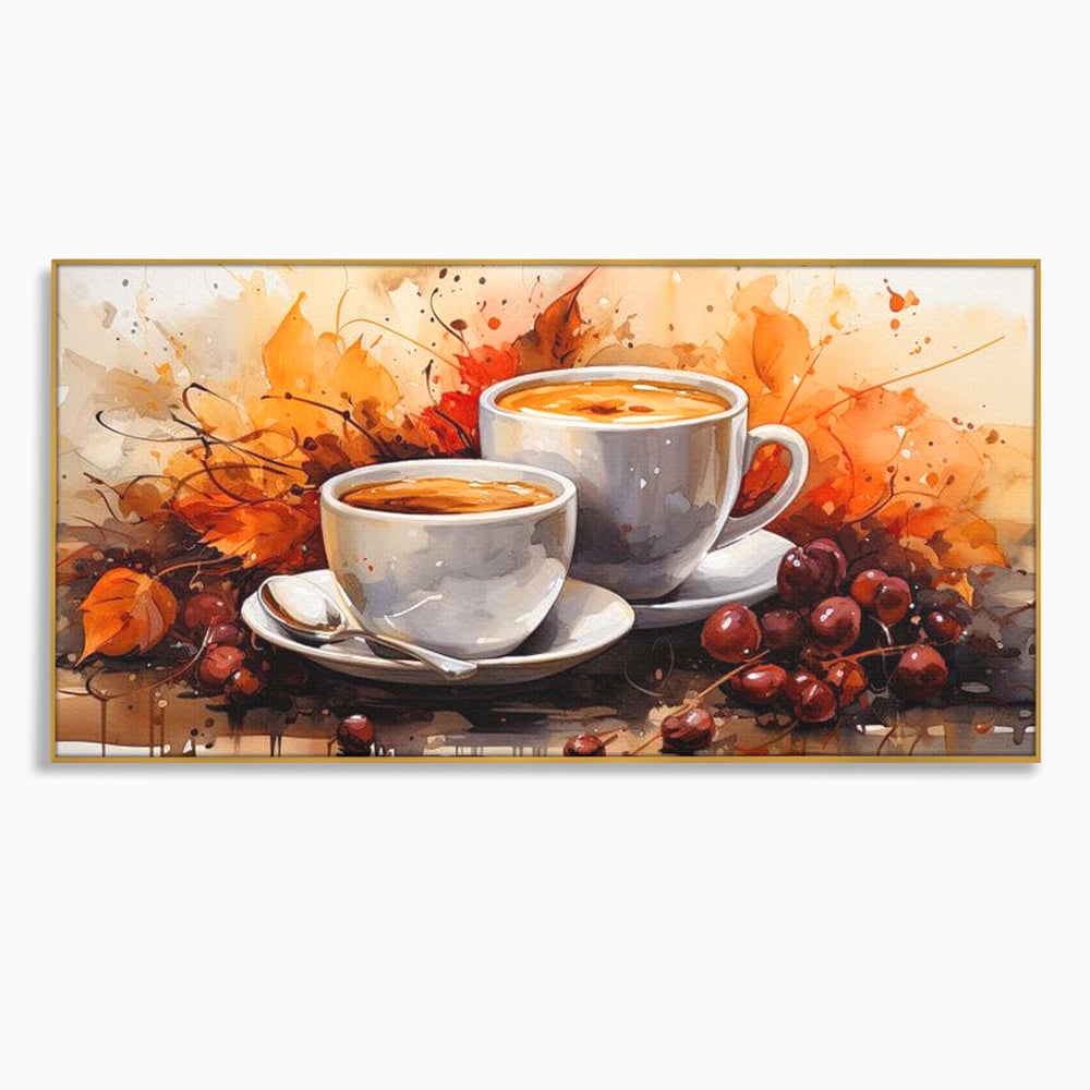 Tablou Canvas Premium, LuxCanva® N1007, Poveste la Cafea, Cesti, Lingurita, Toamna, Frunze, Dimineata, Cappuccino, Savoare, Bar, Cafenea, Restaurant, Bucatarie