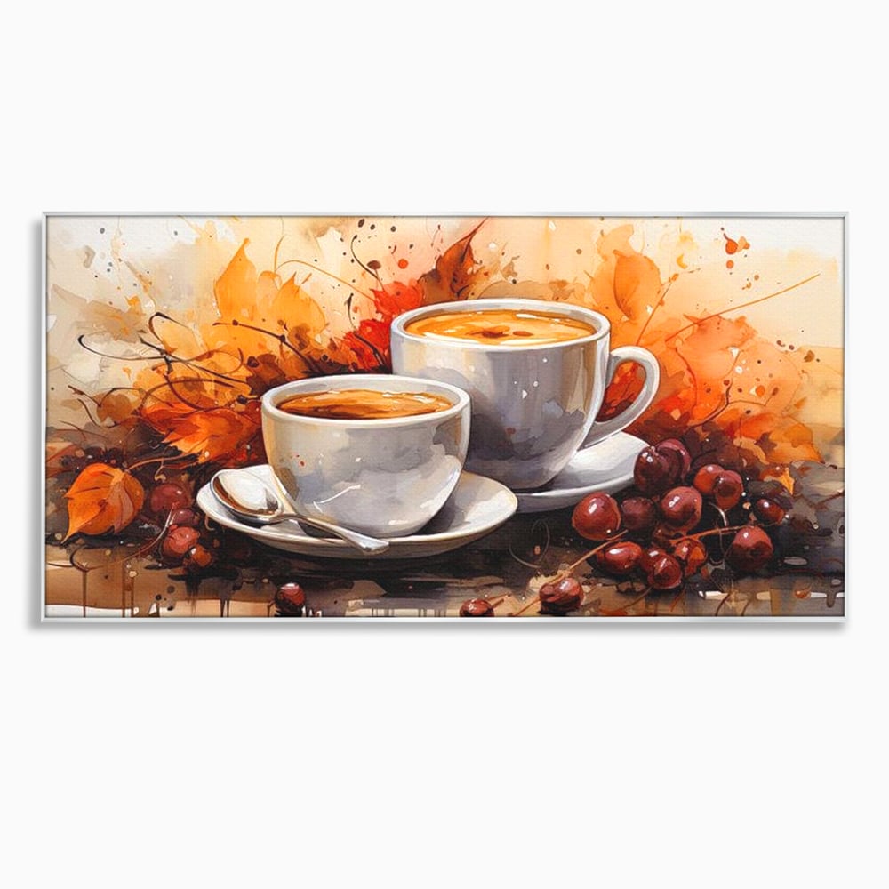 Tablou Canvas Premium, LuxCanva® N1007, Poveste la Cafea, Cesti, Lingurita, Toamna, Frunze, Dimineata, Cappuccino, Savoare, Bar, Cafenea, Restaurant, Bucatarie