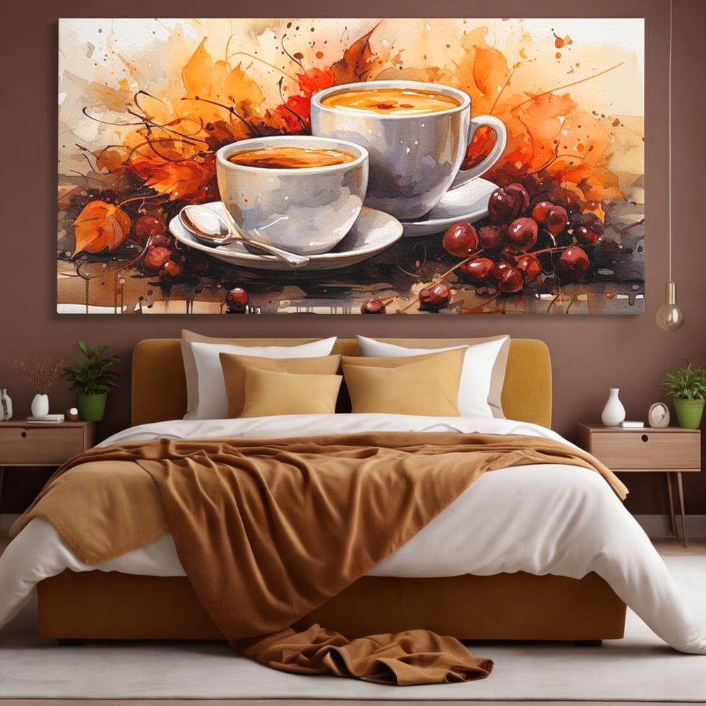 Tablou Canvas Premium, LuxCanva® N1007, Poveste la Cafea, Cesti, Lingurita, Toamna, Frunze, Dimineata, Cappuccino, Savoare, Bar, Cafenea, Restaurant, Bucatarie